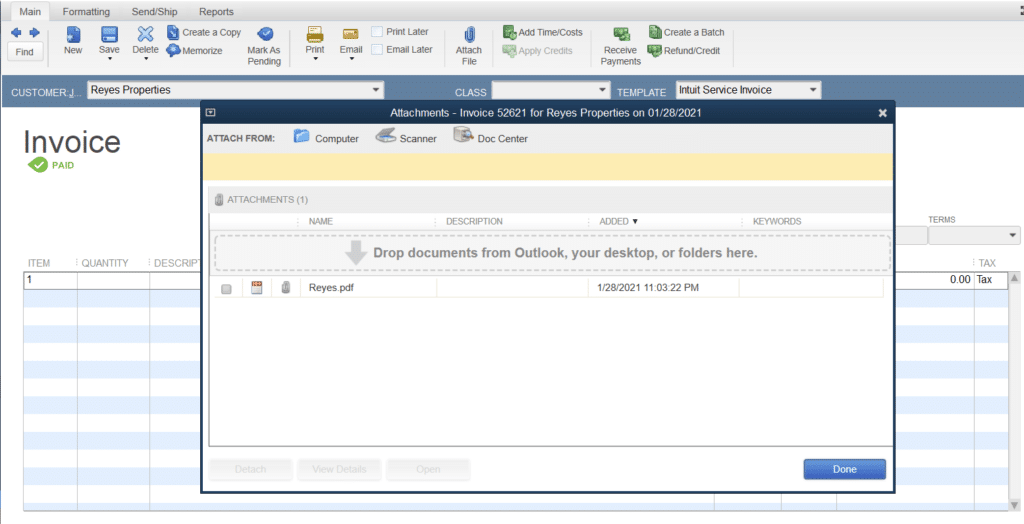 Easily add QuickBooks Attachments to your invoices.