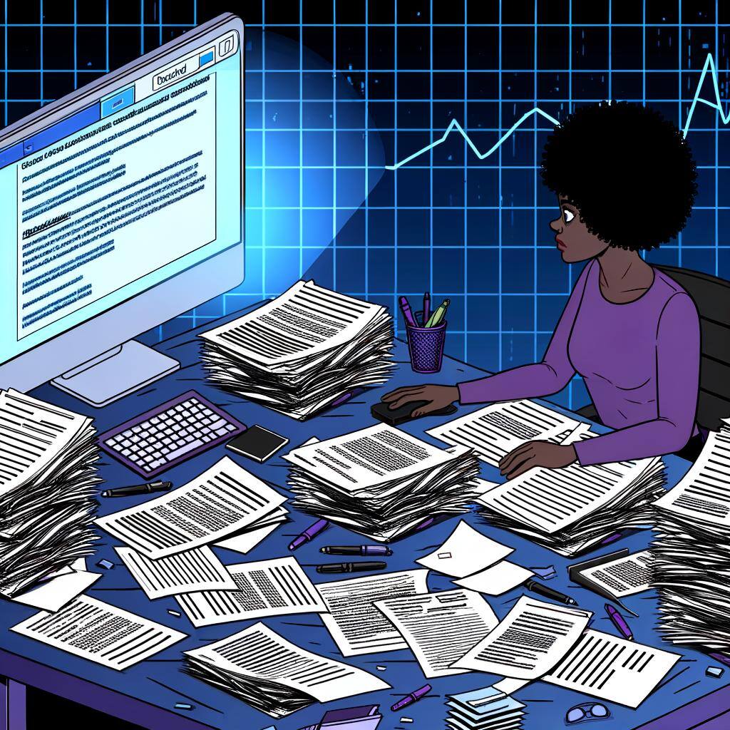 woman preparing for tax season at a desk with a computer screen and paperwork. 